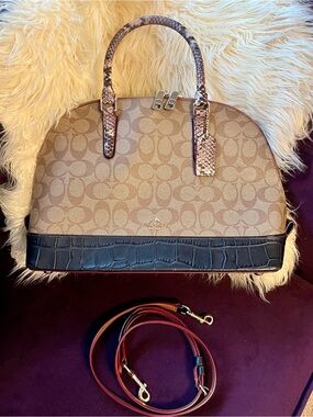 Coach Beige Signature Satchel with Black Croc Trim and Pink Snake-Print Handles